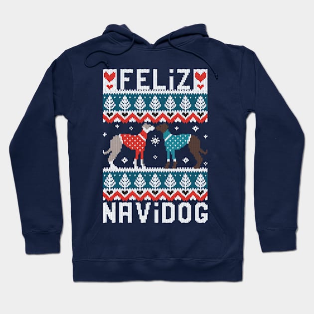 Feliz Navidog witty wordplay fair isle greyhounds // spot // teal and navy background cute dogs dressed with teal and red knitted Christmas ugly sweaters pixel art Hoodie by SelmaCardoso